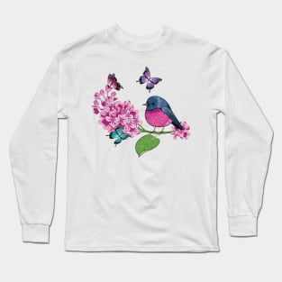Lilacs - Butterflies And Pink Robin Bird Long Sleeve T-Shirt